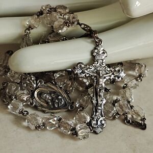 Vintage 40s Signed Gloria Sterling Silver & Rock Crystal Rosary